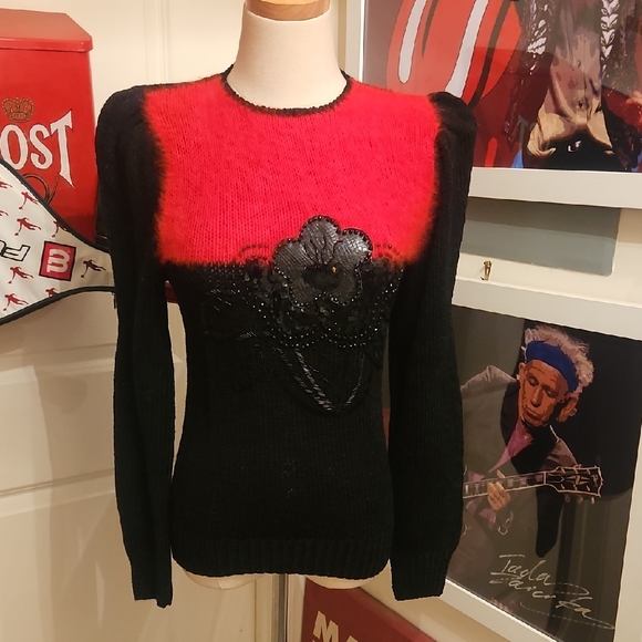 Michelle Stuart Sweaters - Black & Red Floral Appliqué Women's Sweater